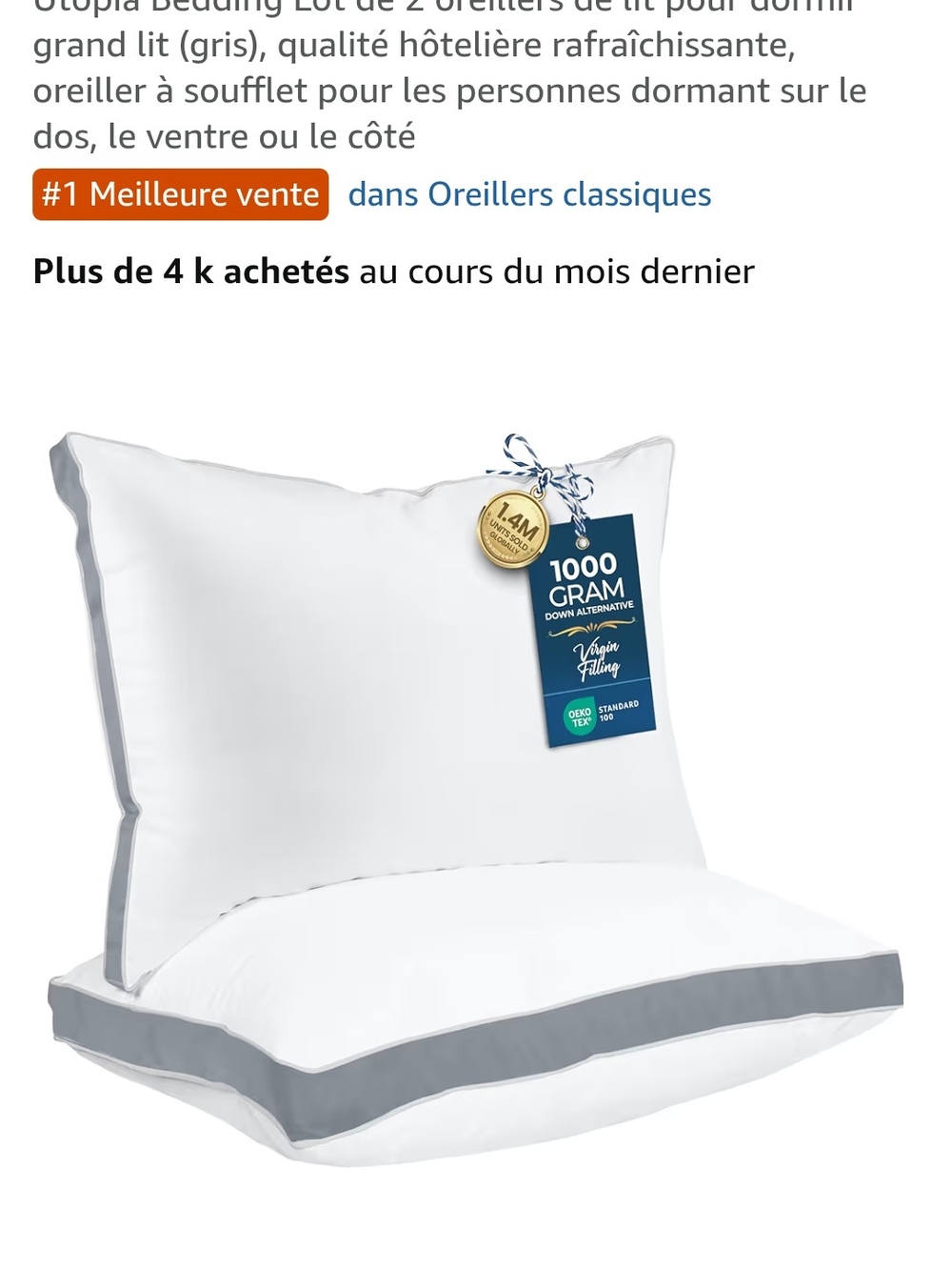NWT Hotel-Style  Two White Pillow with Gray Piping - 1000g Down Alternative